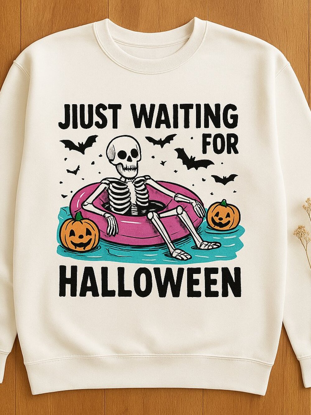 Just Waiting for Halloween Skeleton Crewneck Sweatshirt, Spooky Pool Float